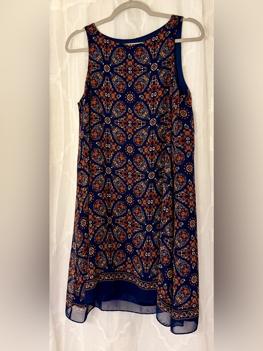 Max Edition Medallion Print Sleeveless Shift Dress Small Blue Boho Chiffon Hem